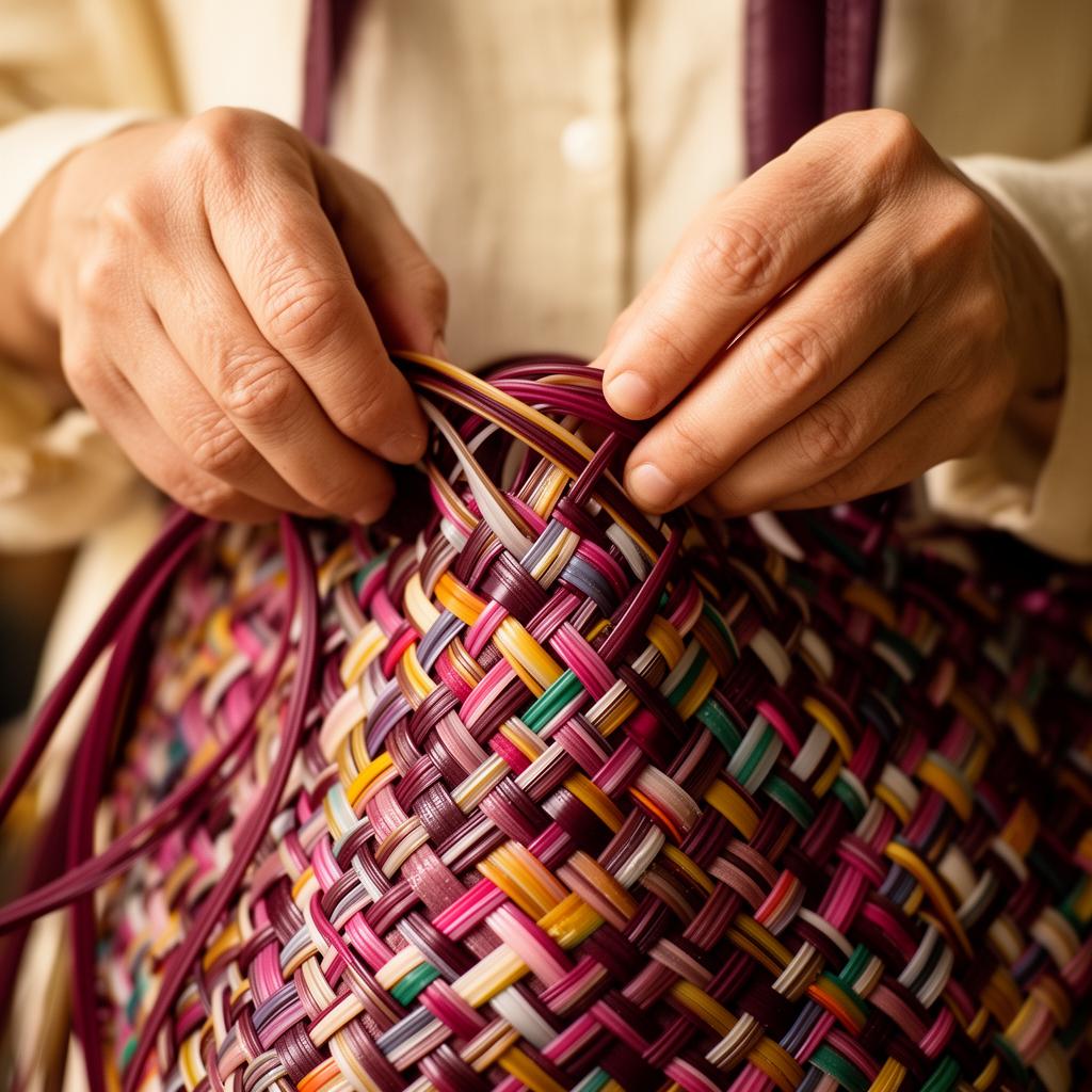 Hands weaving a Mimosa bag